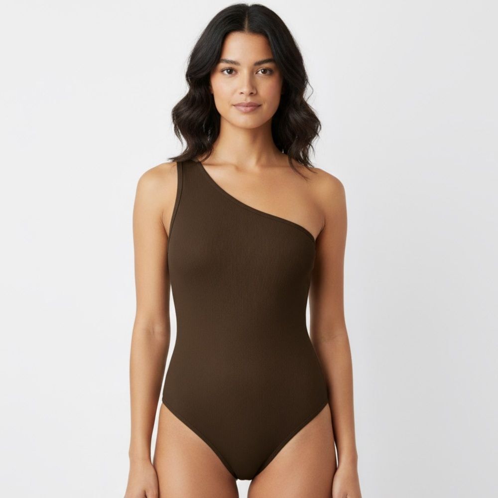 Shein Brown Ribbed One-Shoulder Bodysuit Size Large (US 8/10)